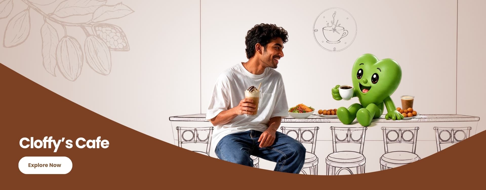 A guest at the Cloffy café counter sharing a cold coffee with Herte