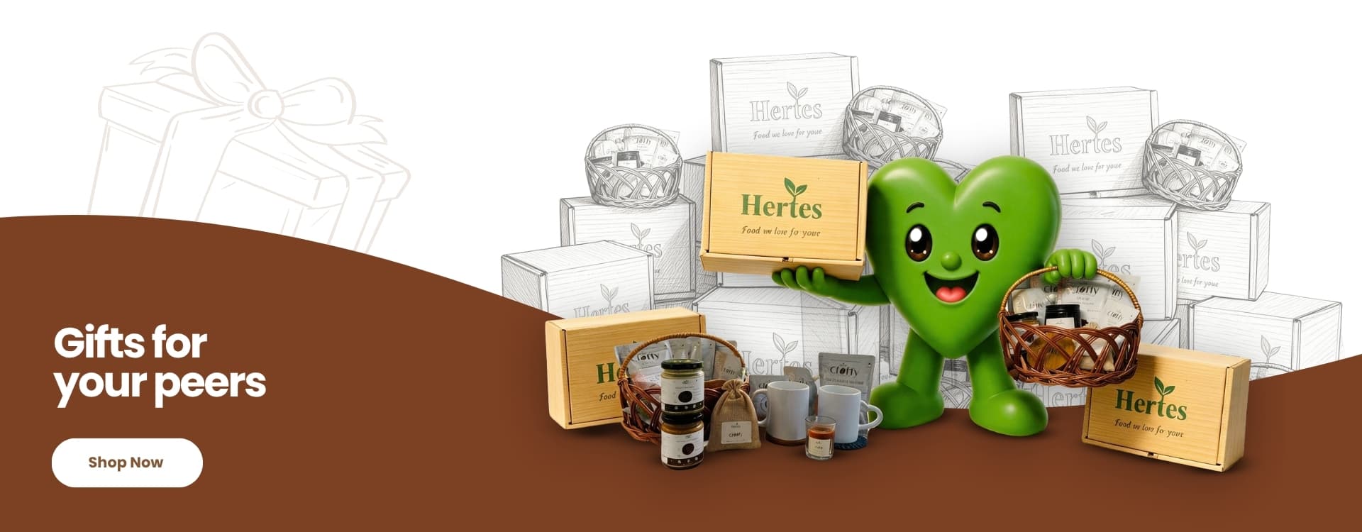 Herte with a stack of Hertes corporate gift hampers