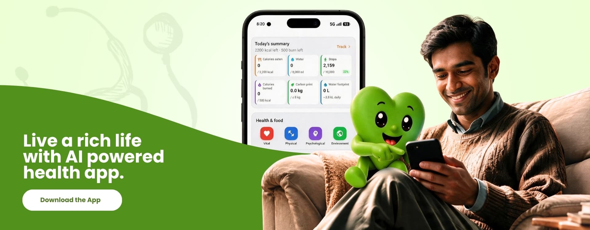 Herte beside a Hertes Health app user checking his day's nutrition on his phone