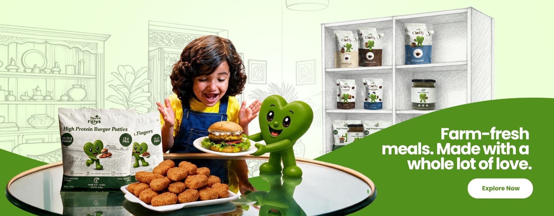 A child reaching for Hertes Fitlys high-protein patties and nuggets, with Herte holding the plate