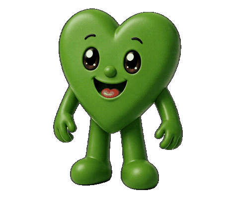 Herte, the Hertes mascot — a smiling green heart with open arms